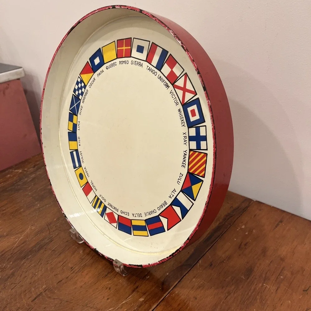 Vintage Boat Cocktail Serving Tray Rim Nautical Flag Coastal Beach Decor, Rare‎